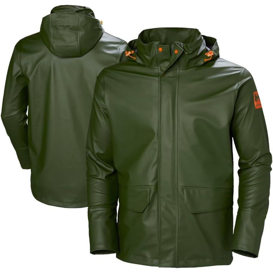 imageHellyHansen Workwear Gale Rain Jacket PUCoated Shell ampamp Waterproof Windbreaker for Men Packable Hood ampamp Adjustable Hem480 Army Green